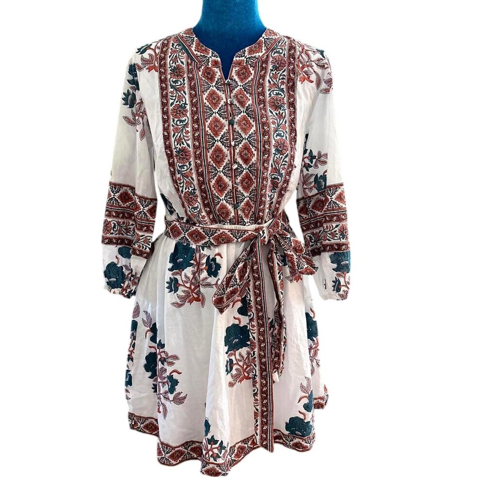 Haute Hippie Floral Southwest Print Boho Cotton Dress w/ Belt Retro Festival